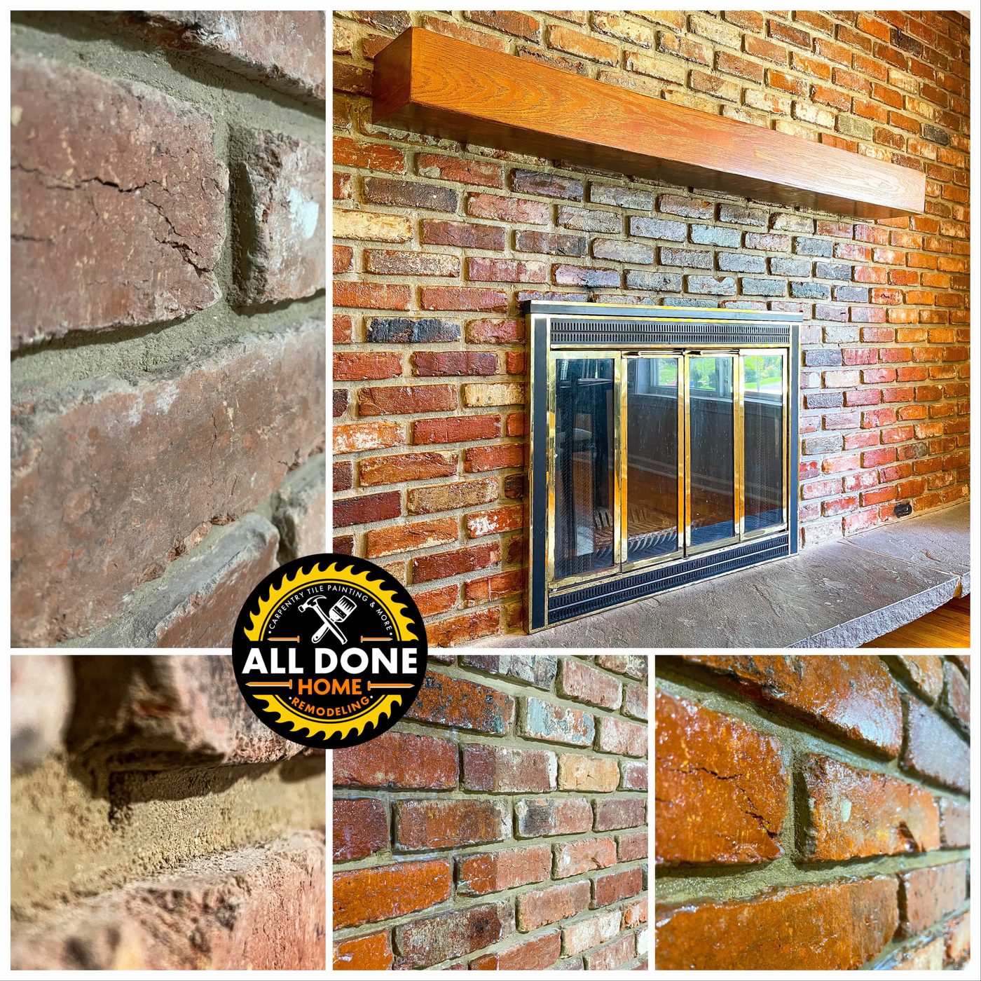 Stone veneer fireplace and exterior trim